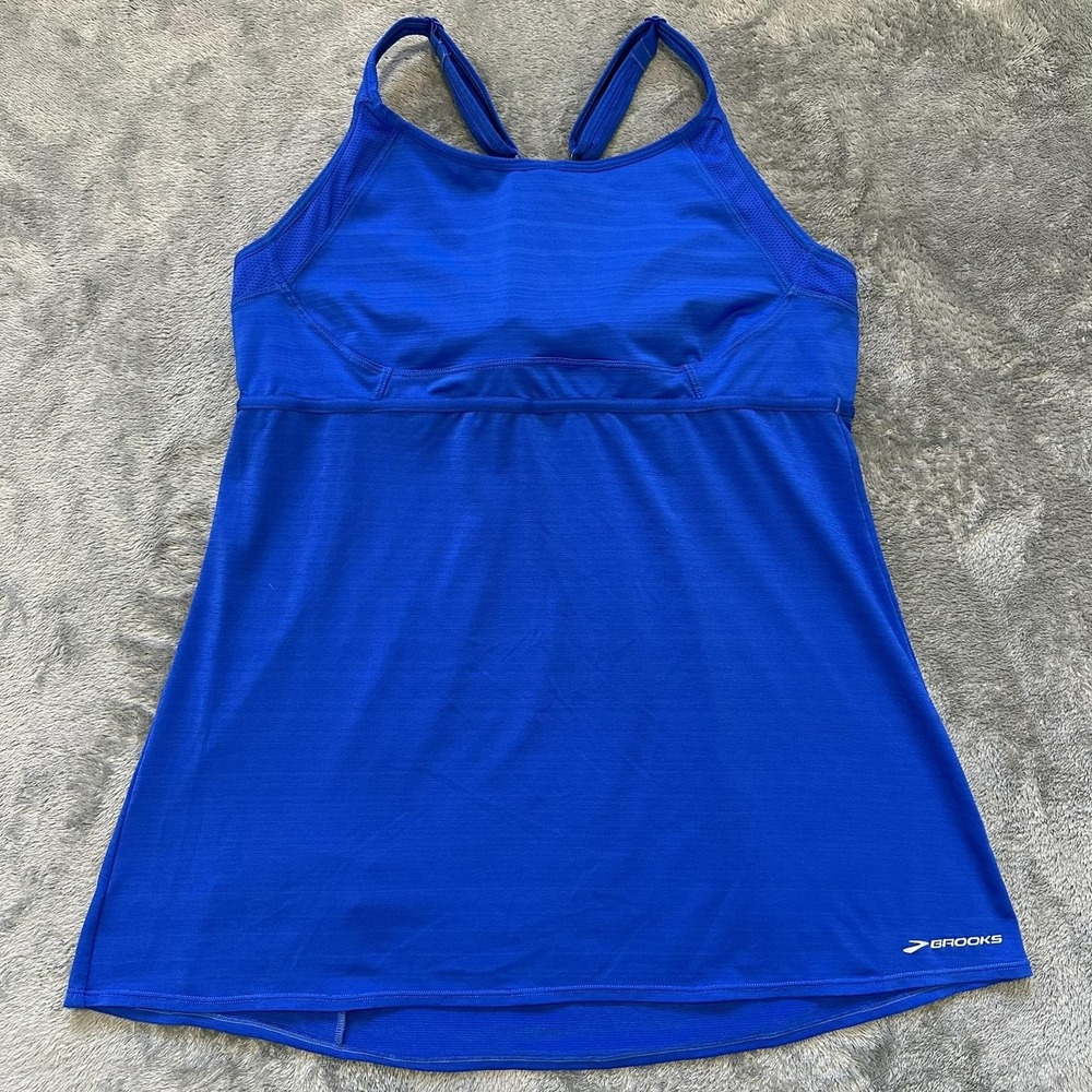 BROOKS Tank Top Womens XL Blue Built In Bra Racerback Running Pocket Athletic